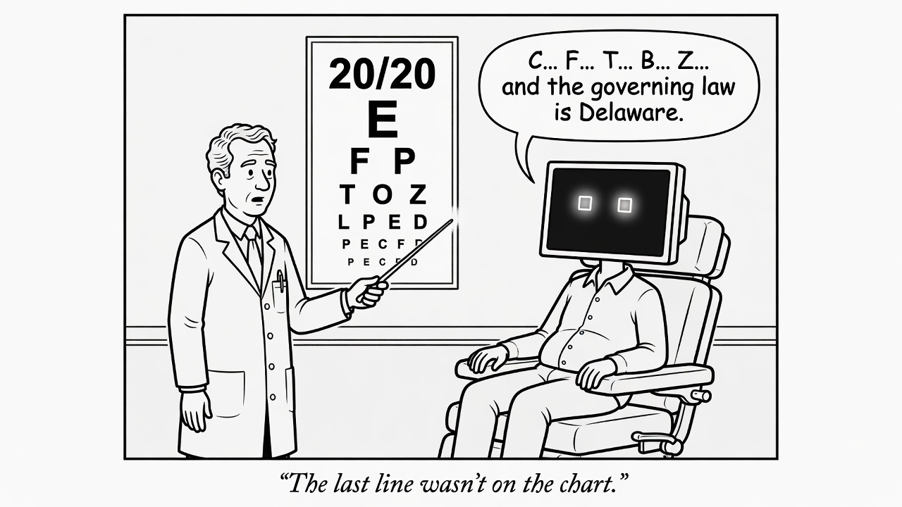 An optometrist points at an eye chart while a monitor-headed LLM in the chair reads letters and then a clause that was never on the chart