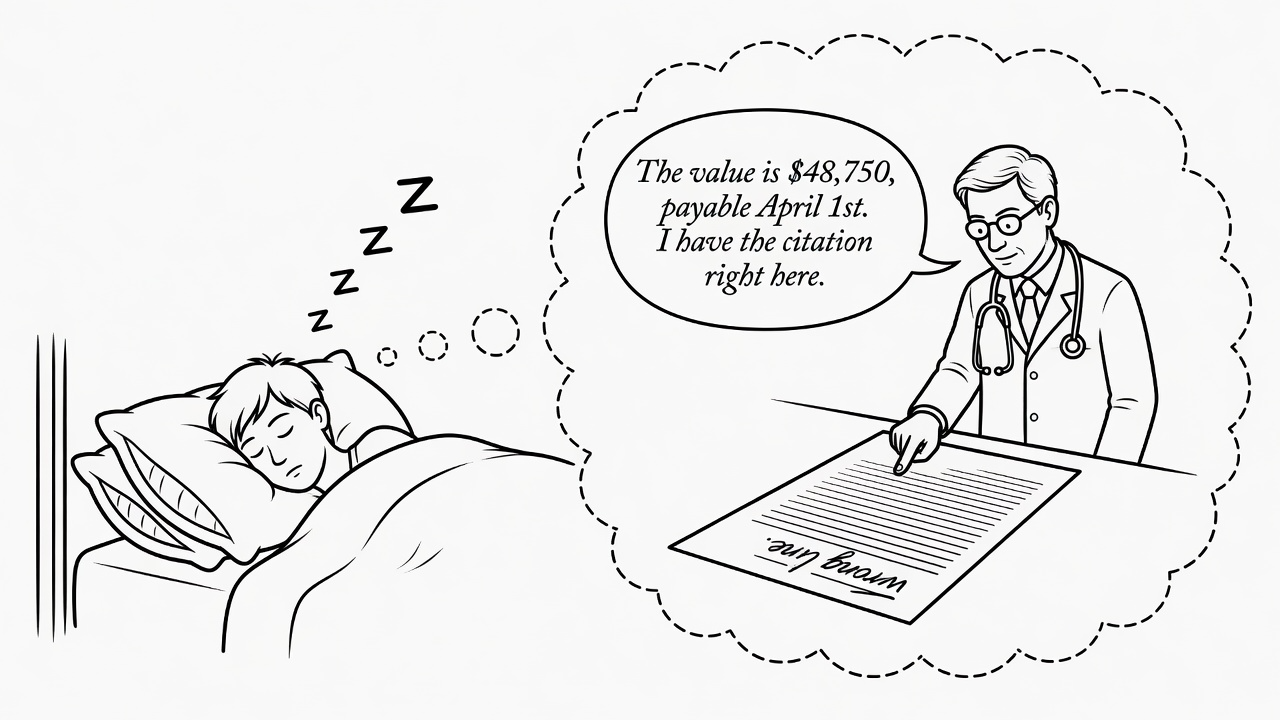 A sleeping figure dreams of a confident doctor citing a precise value and pointing at the wrong line of a document