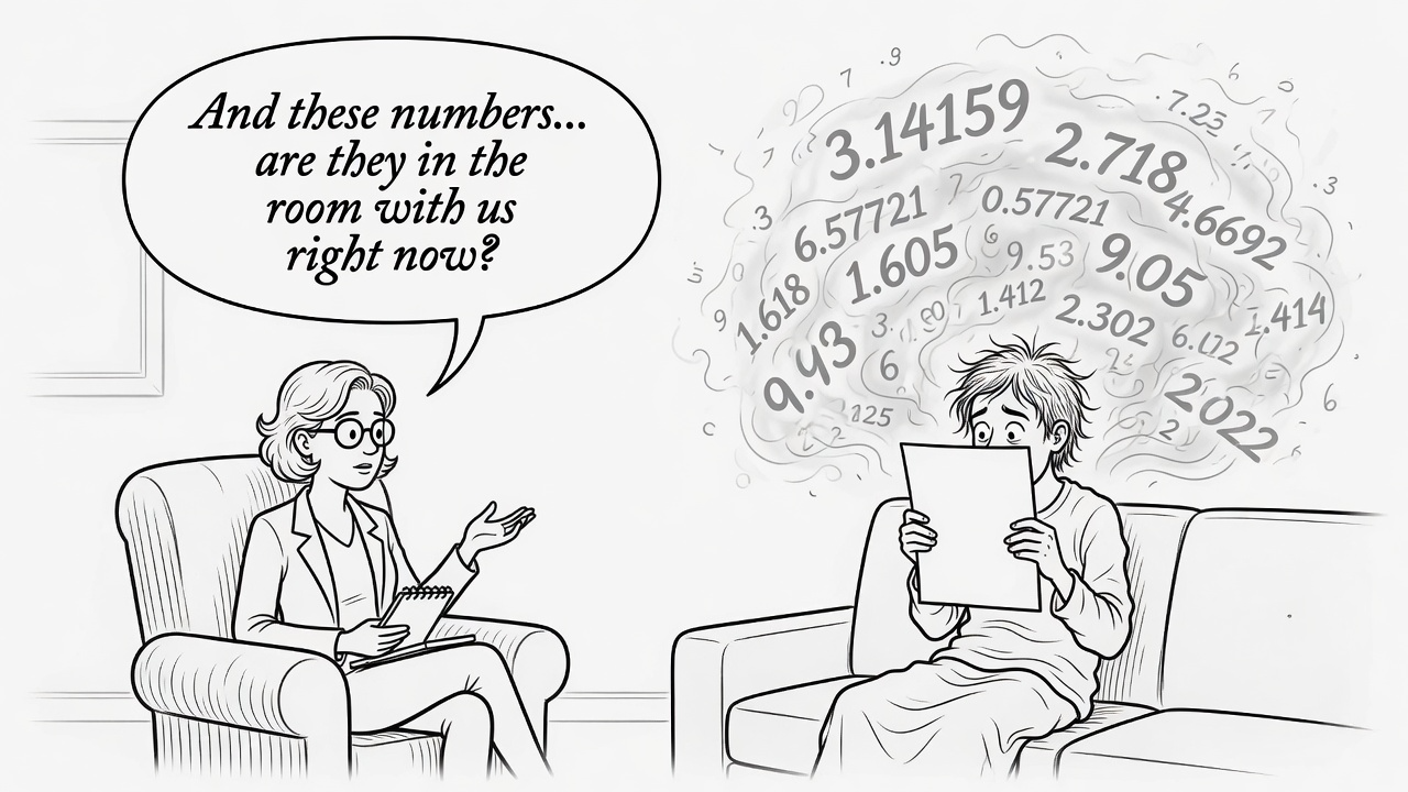 A therapist asks a patient, who holds a printout while a cloud of numbers floats around his head: and these numbers, are they in the room with us right now?